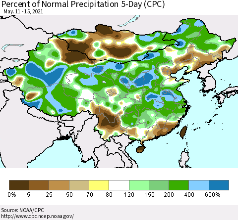 China, Mongolia and Taiwan Percent of Normal Precipitation 5-Day (CPC) Thematic Map For 5/11/2021 - 5/15/2021