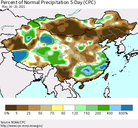 China, Mongolia and Taiwan Percent of Normal Precipitation 5-Day (CPC) Thematic Map For 5/16/2021 - 5/20/2021