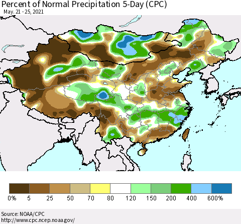 China, Mongolia and Taiwan Percent of Normal Precipitation 5-Day (CPC) Thematic Map For 5/21/2021 - 5/25/2021