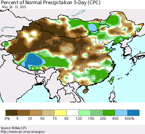 China, Mongolia and Taiwan Percent of Normal Precipitation 5-Day (CPC) Thematic Map For 5/26/2021 - 5/31/2021