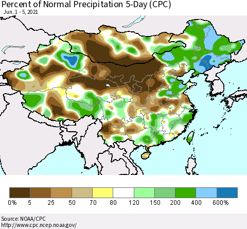 China, Mongolia and Taiwan Percent of Normal Precipitation 5-Day (CPC) Thematic Map For 6/1/2021 - 6/5/2021