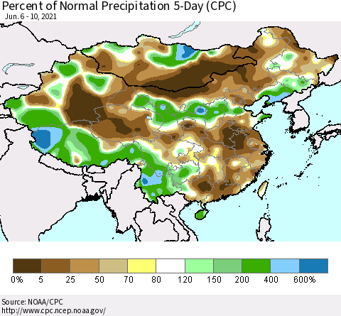China, Mongolia and Taiwan Percent of Normal Precipitation 5-Day (CPC) Thematic Map For 6/6/2021 - 6/10/2021