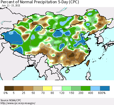 China, Mongolia and Taiwan Percent of Normal Precipitation 5-Day (CPC) Thematic Map For 6/11/2021 - 6/15/2021