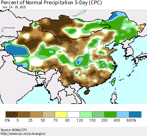 China, Mongolia and Taiwan Percent of Normal Precipitation 5-Day (CPC) Thematic Map For 6/16/2021 - 6/20/2021