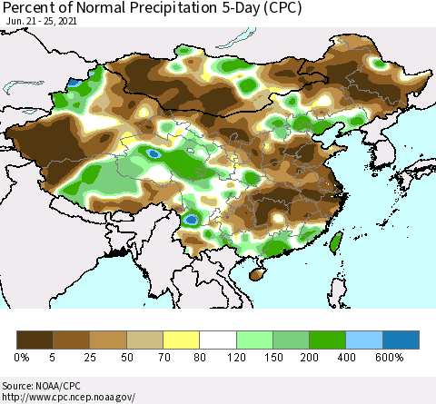 China, Mongolia and Taiwan Percent of Normal Precipitation 5-Day (CPC) Thematic Map For 6/21/2021 - 6/25/2021