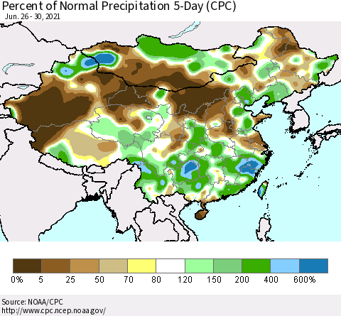 China, Mongolia and Taiwan Percent of Normal Precipitation 5-Day (CPC) Thematic Map For 6/26/2021 - 6/30/2021