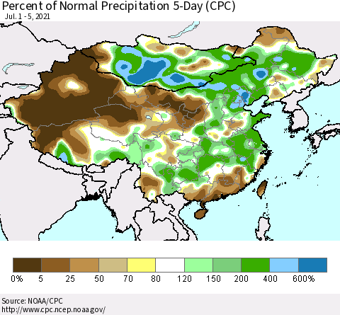 China, Mongolia and Taiwan Percent of Normal Precipitation 5-Day (CPC) Thematic Map For 7/1/2021 - 7/5/2021