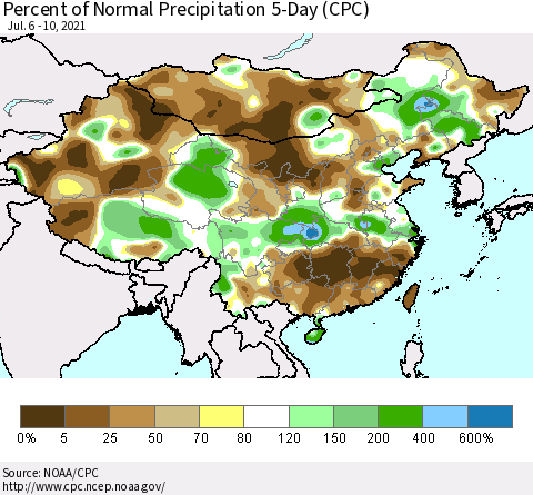 China, Mongolia and Taiwan Percent of Normal Precipitation 5-Day (CPC) Thematic Map For 7/6/2021 - 7/10/2021
