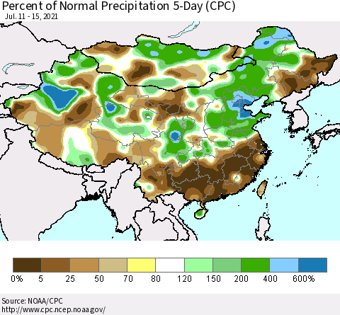 China, Mongolia and Taiwan Percent of Normal Precipitation 5-Day (CPC) Thematic Map For 7/11/2021 - 7/15/2021