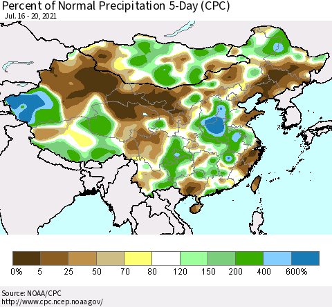 China, Mongolia and Taiwan Percent of Normal Precipitation 5-Day (CPC) Thematic Map For 7/16/2021 - 7/20/2021