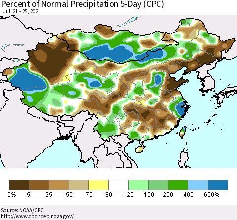 China, Mongolia and Taiwan Percent of Normal Precipitation 5-Day (CPC) Thematic Map For 7/21/2021 - 7/25/2021