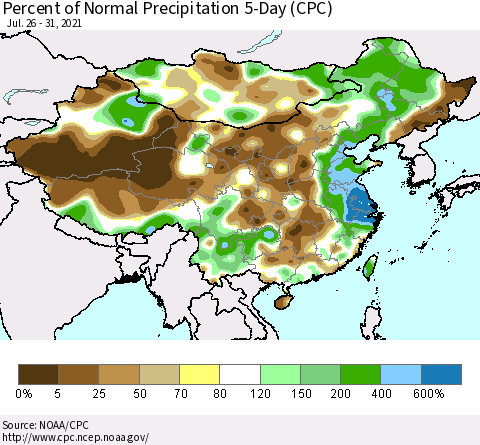 China, Mongolia and Taiwan Percent of Normal Precipitation 5-Day (CPC) Thematic Map For 7/26/2021 - 7/31/2021