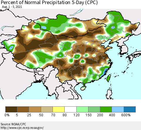 China, Mongolia and Taiwan Percent of Normal Precipitation 5-Day (CPC) Thematic Map For 8/1/2021 - 8/5/2021
