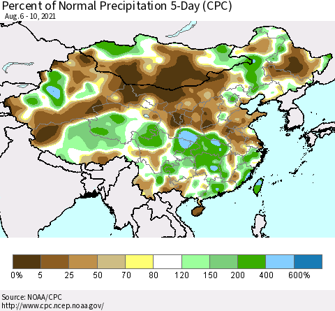 China, Mongolia and Taiwan Percent of Normal Precipitation 5-Day (CPC) Thematic Map For 8/6/2021 - 8/10/2021