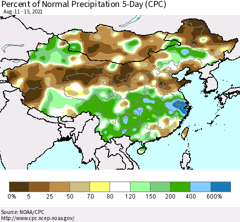 China, Mongolia and Taiwan Percent of Normal Precipitation 5-Day (CPC) Thematic Map For 8/11/2021 - 8/15/2021