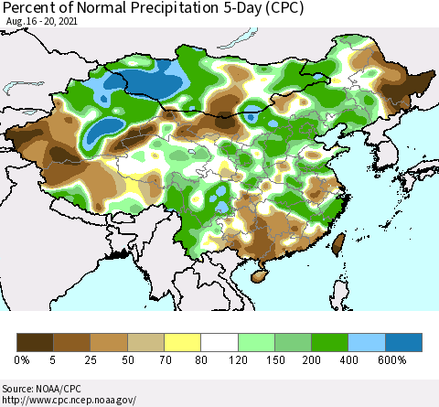 China, Mongolia and Taiwan Percent of Normal Precipitation 5-Day (CPC) Thematic Map For 8/16/2021 - 8/20/2021