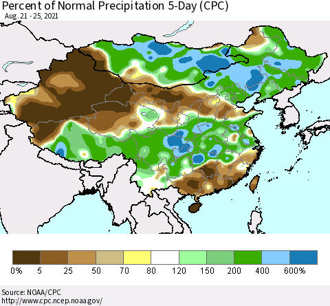 China, Mongolia and Taiwan Percent of Normal Precipitation 5-Day (CPC) Thematic Map For 8/21/2021 - 8/25/2021