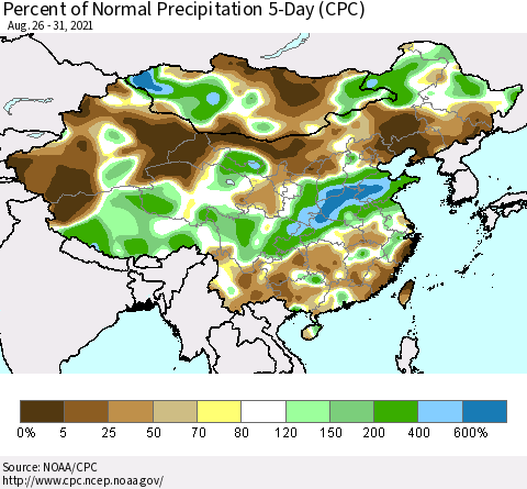 China, Mongolia and Taiwan Percent of Normal Precipitation 5-Day (CPC) Thematic Map For 8/26/2021 - 8/31/2021