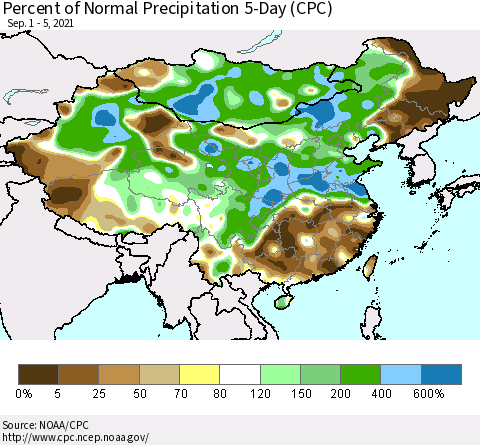 China, Mongolia and Taiwan Percent of Normal Precipitation 5-Day (CPC) Thematic Map For 9/1/2021 - 9/5/2021