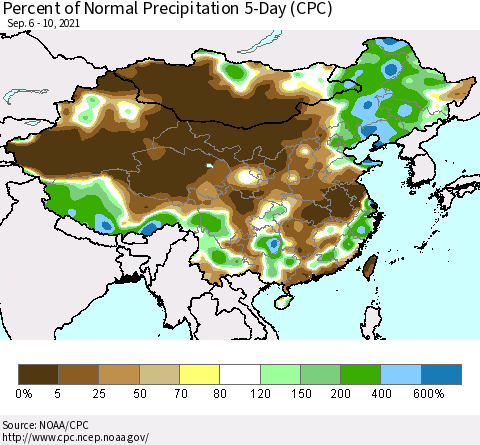 China, Mongolia and Taiwan Percent of Normal Precipitation 5-Day (CPC) Thematic Map For 9/6/2021 - 9/10/2021