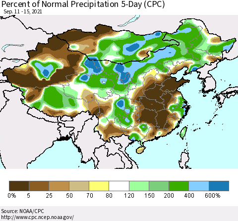 China, Mongolia and Taiwan Percent of Normal Precipitation 5-Day (CPC) Thematic Map For 9/11/2021 - 9/15/2021