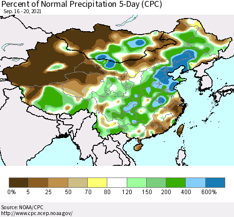 China, Mongolia and Taiwan Percent of Normal Precipitation 5-Day (CPC) Thematic Map For 9/16/2021 - 9/20/2021