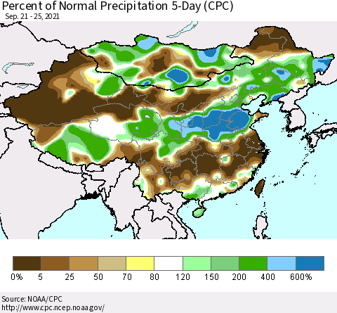 China, Mongolia and Taiwan Percent of Normal Precipitation 5-Day (CPC) Thematic Map For 9/21/2021 - 9/25/2021