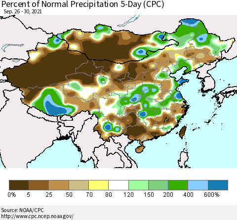 China, Mongolia and Taiwan Percent of Normal Precipitation 5-Day (CPC) Thematic Map For 9/26/2021 - 9/30/2021