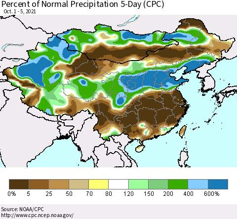 China, Mongolia and Taiwan Percent of Normal Precipitation 5-Day (CPC) Thematic Map For 10/1/2021 - 10/5/2021