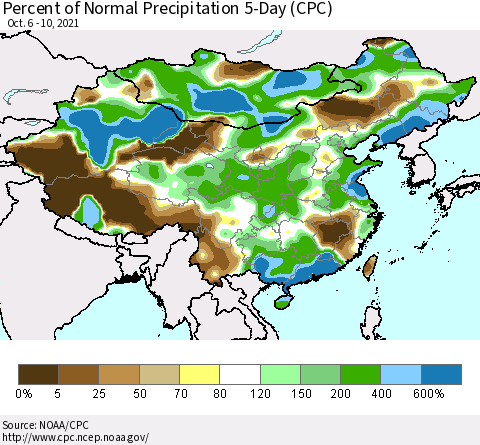 China, Mongolia and Taiwan Percent of Normal Precipitation 5-Day (CPC) Thematic Map For 10/6/2021 - 10/10/2021