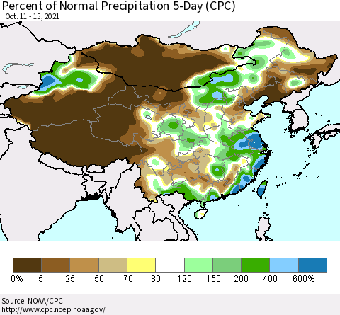 China, Mongolia and Taiwan Percent of Normal Precipitation 5-Day (CPC) Thematic Map For 10/11/2021 - 10/15/2021