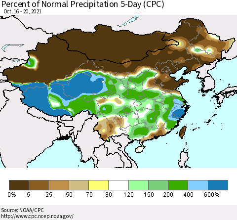 China, Mongolia and Taiwan Percent of Normal Precipitation 5-Day (CPC) Thematic Map For 10/16/2021 - 10/20/2021