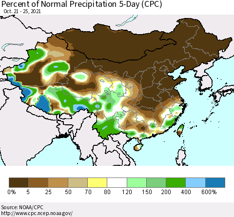 China, Mongolia and Taiwan Percent of Normal Precipitation 5-Day (CPC) Thematic Map For 10/21/2021 - 10/25/2021