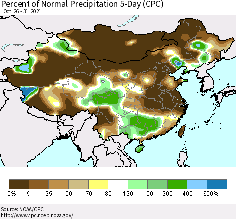 China, Mongolia and Taiwan Percent of Normal Precipitation 5-Day (CPC) Thematic Map For 10/26/2021 - 10/31/2021