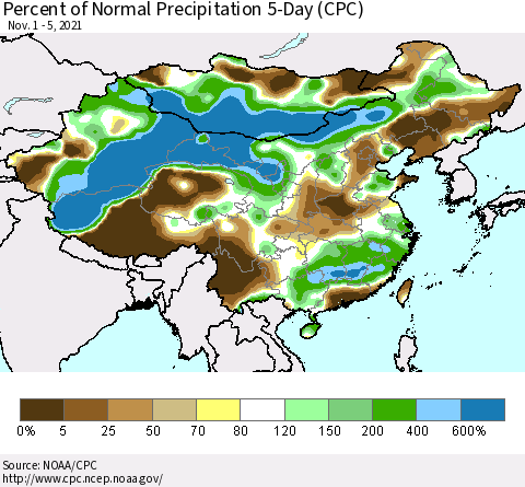 China, Mongolia and Taiwan Percent of Normal Precipitation 5-Day (CPC) Thematic Map For 11/1/2021 - 11/5/2021