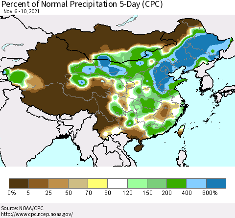 China, Mongolia and Taiwan Percent of Normal Precipitation 5-Day (CPC) Thematic Map For 11/6/2021 - 11/10/2021