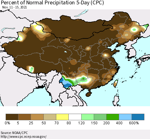 China, Mongolia and Taiwan Percent of Normal Precipitation 5-Day (CPC) Thematic Map For 11/11/2021 - 11/15/2021