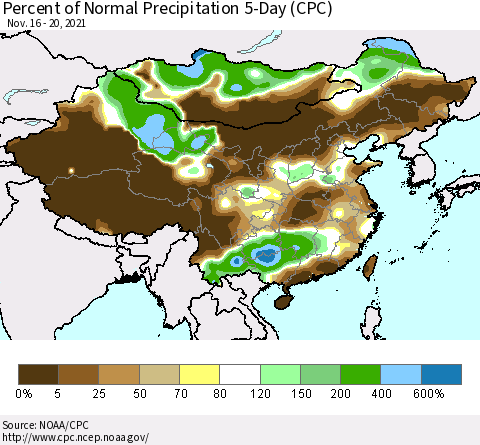 China, Mongolia and Taiwan Percent of Normal Precipitation 5-Day (CPC) Thematic Map For 11/16/2021 - 11/20/2021