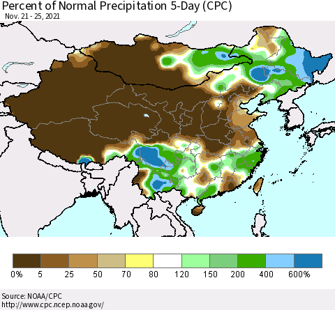 China, Mongolia and Taiwan Percent of Normal Precipitation 5-Day (CPC) Thematic Map For 11/21/2021 - 11/25/2021