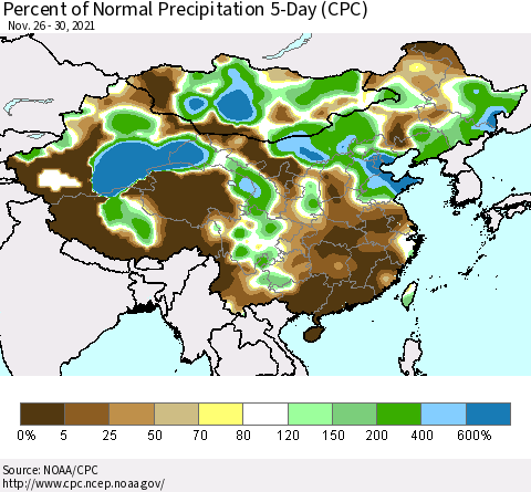 China, Mongolia and Taiwan Percent of Normal Precipitation 5-Day (CPC) Thematic Map For 11/26/2021 - 11/30/2021