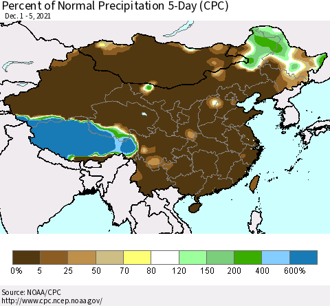 China, Mongolia and Taiwan Percent of Normal Precipitation 5-Day (CPC) Thematic Map For 12/1/2021 - 12/5/2021