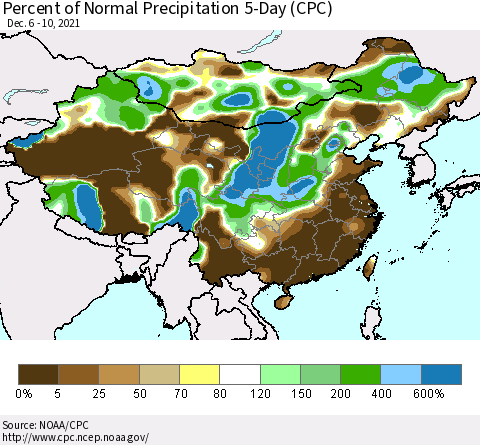 China, Mongolia and Taiwan Percent of Normal Precipitation 5-Day (CPC) Thematic Map For 12/6/2021 - 12/10/2021