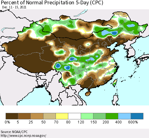China, Mongolia and Taiwan Percent of Normal Precipitation 5-Day (CPC) Thematic Map For 12/11/2021 - 12/15/2021