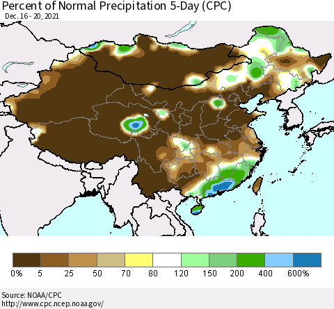 China, Mongolia and Taiwan Percent of Normal Precipitation 5-Day (CPC) Thematic Map For 12/16/2021 - 12/20/2021
