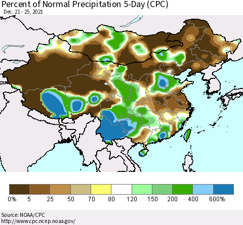 China, Mongolia and Taiwan Percent of Normal Precipitation 5-Day (CPC) Thematic Map For 12/21/2021 - 12/25/2021