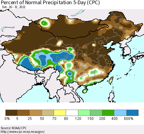 China, Mongolia and Taiwan Percent of Normal Precipitation 5-Day (CPC) Thematic Map For 12/26/2021 - 12/31/2021