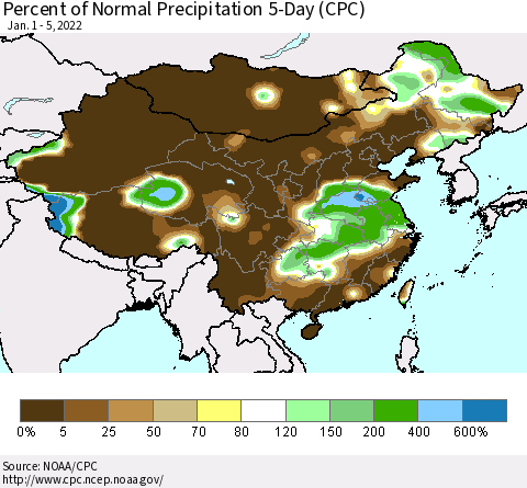 China, Mongolia and Taiwan Percent of Normal Precipitation 5-Day (CPC) Thematic Map For 1/1/2022 - 1/5/2022