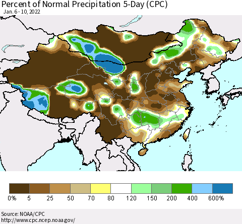 China, Mongolia and Taiwan Percent of Normal Precipitation 5-Day (CPC) Thematic Map For 1/6/2022 - 1/10/2022