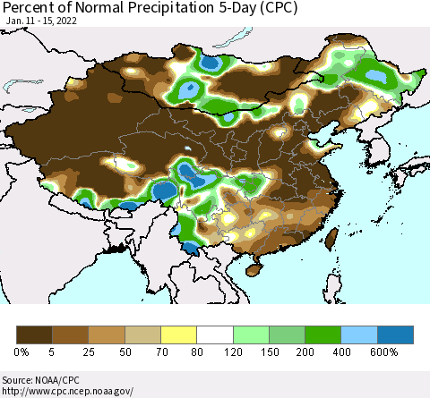 China, Mongolia and Taiwan Percent of Normal Precipitation 5-Day (CPC) Thematic Map For 1/11/2022 - 1/15/2022