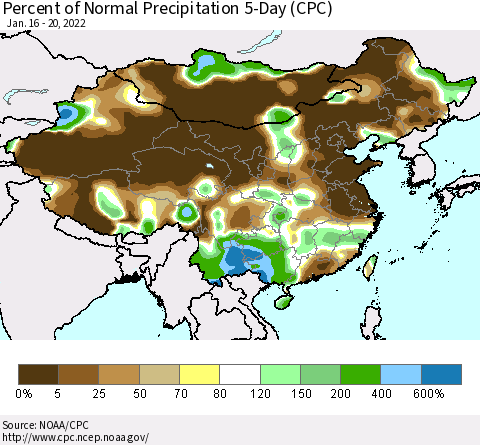 China, Mongolia and Taiwan Percent of Normal Precipitation 5-Day (CPC) Thematic Map For 1/16/2022 - 1/20/2022